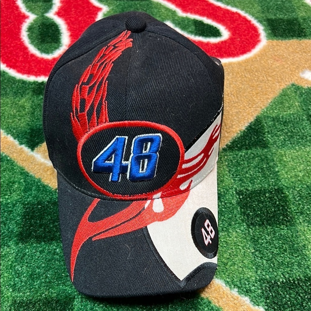 USA Racing 48 Jimmy Johnson Black/White Hat + Red Flames Adjustable VTG Cap OSFA